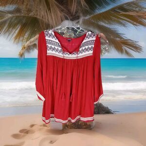 Hannah Blouse Size M Boho Tassels V Neck 3/4 Sleeve Red